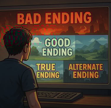 Jogador visualiza múltiplos finais alternativos após retroceder no jogo.