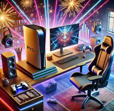a computer desk with a computer and a gaming room