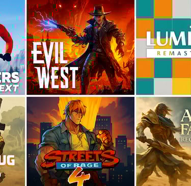 Colagem horizontal com seis jogos da semana em destaque no Xbox, cada um com sua arte visual marcant