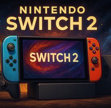 Ilustração semi-realista do Nintendo Switch 2 em ambiente futurista, simbolizando o início