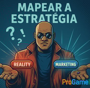 Homem estilo Morpheus segurando pílulas “Realidade” e “Marketing” em estilo HQ.