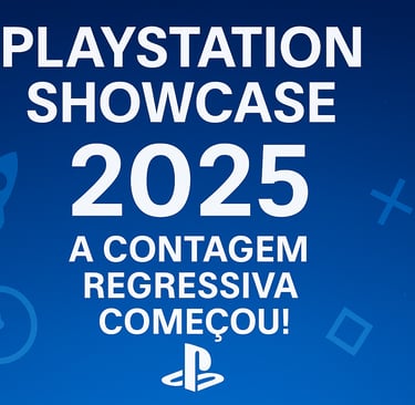 Contagem regressiva para o PlayStation Showcase 2025 com ícones e fundo azul.
