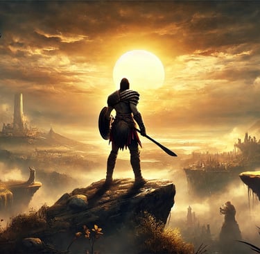 a man standing on a cliff overlooking a city