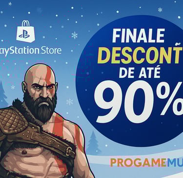 Kratos em cenário de inverno com anúncio de 90% de desconto na PS Store.