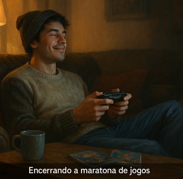 Cena realista de jogador com Nintendo Switch relaxando após maratona de jogos.