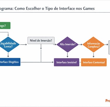 Fluxograma para escolha de interface em game design com HUD e UI contextual.