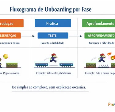 Fluxograma do tutorial implícito no design de fases e no onboarding do jogador.