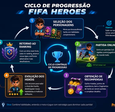 Ciclo de seleção, partidas, recompensas, evolução e ranking em FIFA Heroes.