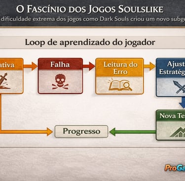 Fluxograma do loop de aprendizado do jogador em jogos soulslike, do erro ao progresso