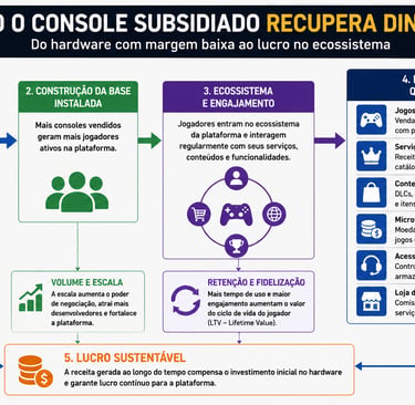 Fluxograma mostra como consoles subsidiados geram receita no ecossistema gamer.