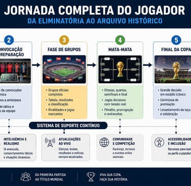 Fluxograma da jornada do jogador das eliminatórias ao arquivo histórico