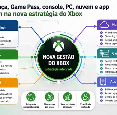 Fluxograma do Xbox ligando liderança, Game Pass, console, PC, nuvem e app.
