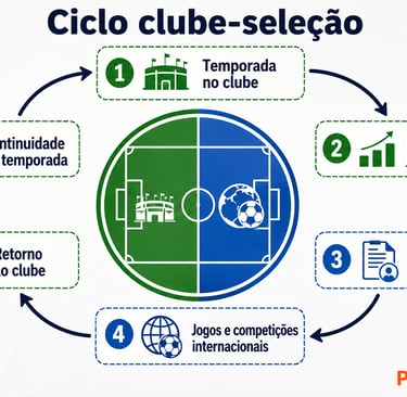Ciclo clube-seleção com temporada, convocação, jogos internacionais e retorno.
