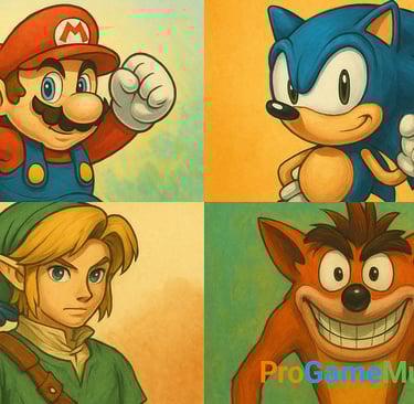Montagem de Mario, Sonic, Link e Crash com estilo retrô artístico.