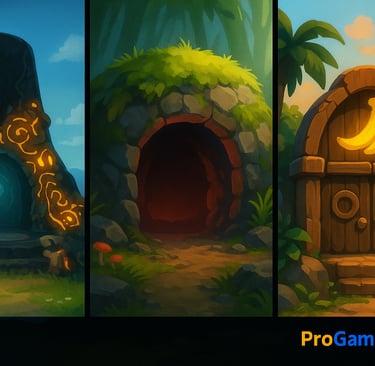 Tríptico 16:9 com shrine, caverna e porta-bônus