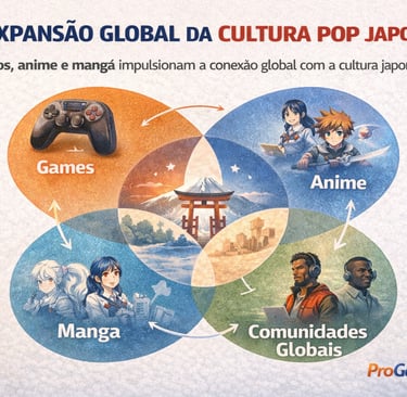 Gráfico conceitual mostrando a relação entre games, anime, mangá e comunidades globais