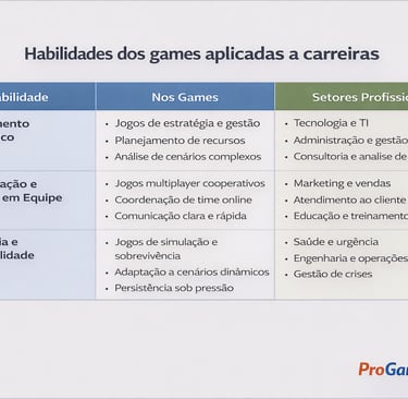 Tabela relaciona habilidades desenvolvidas em jogos digitais a setores profissionais do mercado de t