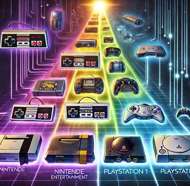 Linha do tempo com consoles icônicos: Atari, NES, Sega Genesis, PlayStation 1 e Xbox, simbolizando a