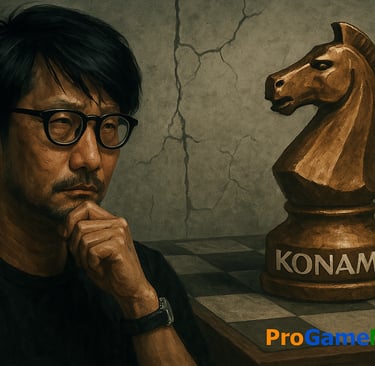 Kojima pensativo diante de peça de xadrez com nome Konami, em tom sombrio.