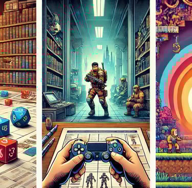 três painéis com cenas representando RPG, FPS e plataformas em diferentes estilos visuais.