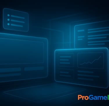 Interface futurista com painéis holográficos em azul, representando um dashboard digital de atualiza