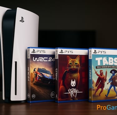 PlayStation 5 em destaque em uma mesa de madeira, com três capas representando jogos