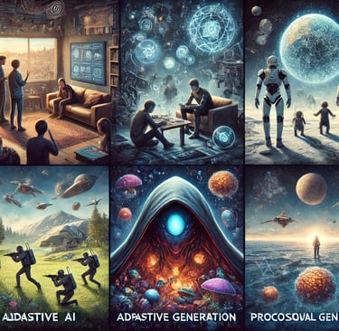 Ilustração horizontal representando características avançadas da IA em jogos, com NPCs independent