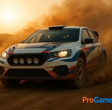 Carro de rally em alta velocidade levantando poeira ao pôr do sol, capturado em close cinematográfic