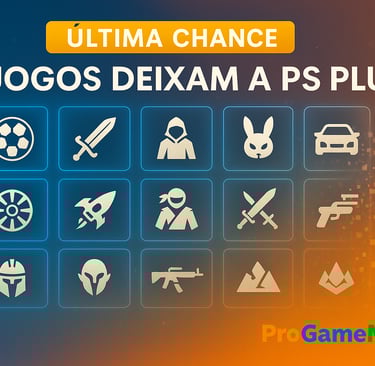 Ícones de 13 jogos em grade futurista representando títulos que saem da PS Plus.