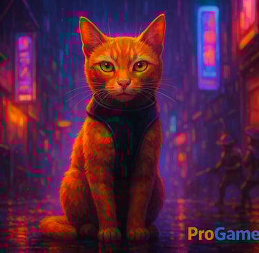 Gato estilizado com estética cyberpunk em rua neon