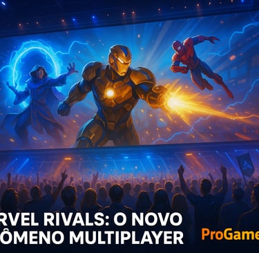 Arena futurista lotada com público vibrando diante de telão mostrando batalha multiplayer.