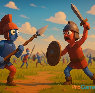 Soldados estilizados em estilo low-poly lutando em um campo aberto ao ar livre, com tons vibrantes