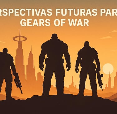 Soldados olhando para cidade futurista no pôr do sol.