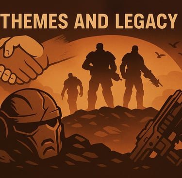 Capacete, arma e soldados representando o legado de Gears of War.