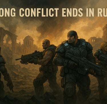 Soldados caminham entre ruínas após guerra em Gears of War.