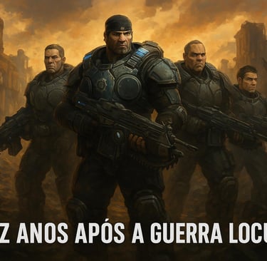 Equipe liderada por Marcus Fenix entre escombros, dez anos após a guerra.