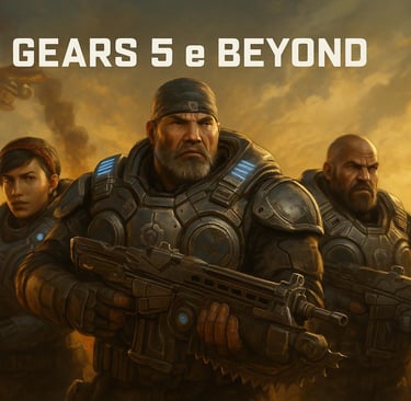Protagonistas de Gears 5 em ambiente de guerra.