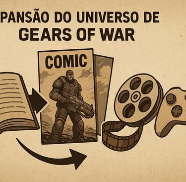 Ícones de livros, quadrinhos, filme e videogame representando o universo Gears of War.