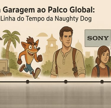Linha do tempo ilustrada mostrando a evolução da Naughty Dog com marcos visuais de seus jogos