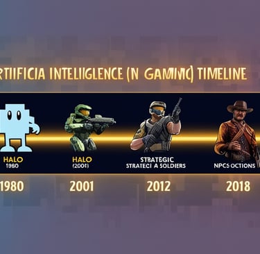 Linha do tempo de evolução da IA nos jogos: Pac-Man (1980), Halo (2001) e Red Dead Redemption 2