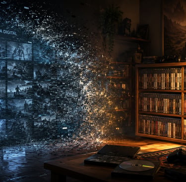 Jogador entre coleção física preservada e biblioteca digital dependente de servidores.
