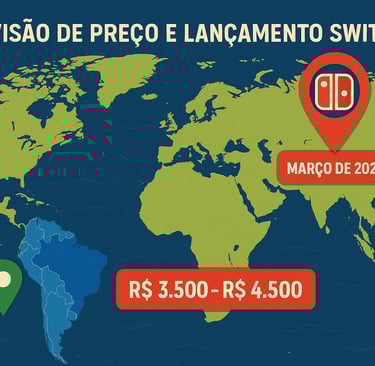 Mapa ilustrado mostrando países prioritários para o lançamento do Nintendo Switch 2.