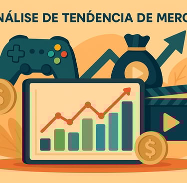 gráfico de crescimento e ícones de games, representando tendências de mercado no setor de jogos.
