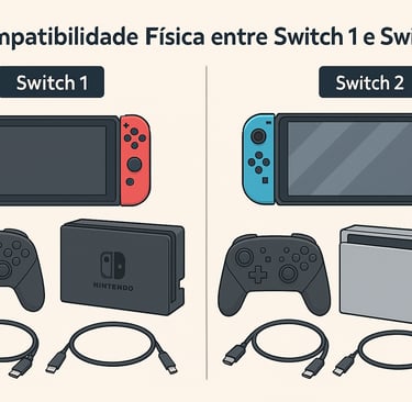 Infográfico sobre compatibilidade entre periféricos do Nintendo Switch 1 e Switch 2.