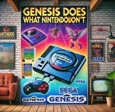 Anúncio retrô da Sega Genesis dos anos 1990 com o slogan "Genesis Does What Nintendon't"