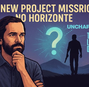 Neil Druckmann contemplando um horizonte criativo e misterioso, com elementos visuais simbólicos