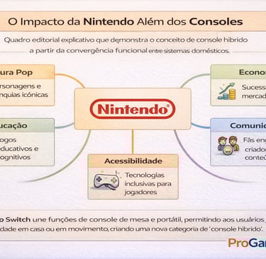 Mapa conceitual mostrando o impacto da Nintendo na cultura, economia, educação e comunidades