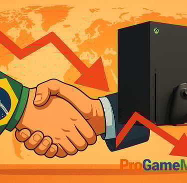 Xbox Series X ao lado de aperto de mãos com bandeira do Brasil e mapa global.