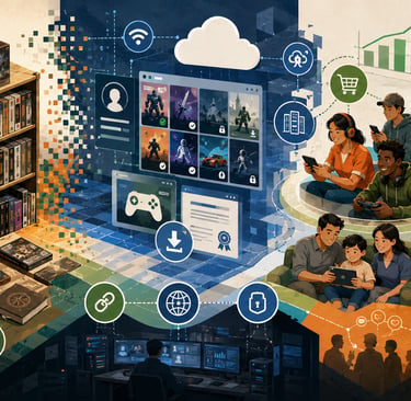 Ilustração sobre impacto social, cultural e econômico dos jogos digitais.