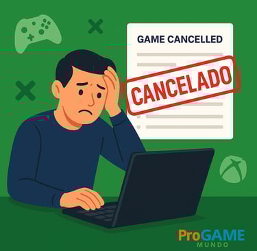 Homem frustrado olhando para laptop com documento flutuante marcado como ‘CANCELADO’.